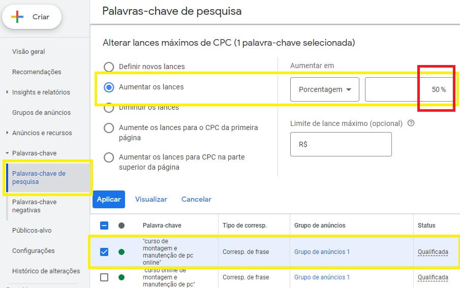 ajuste de lance em palavras chaves no google ads