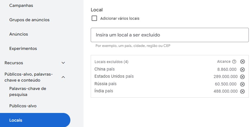 google ads excluir paises