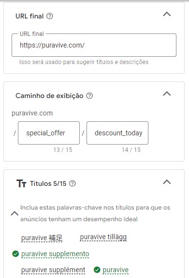 google ads url final e palavras-chaves