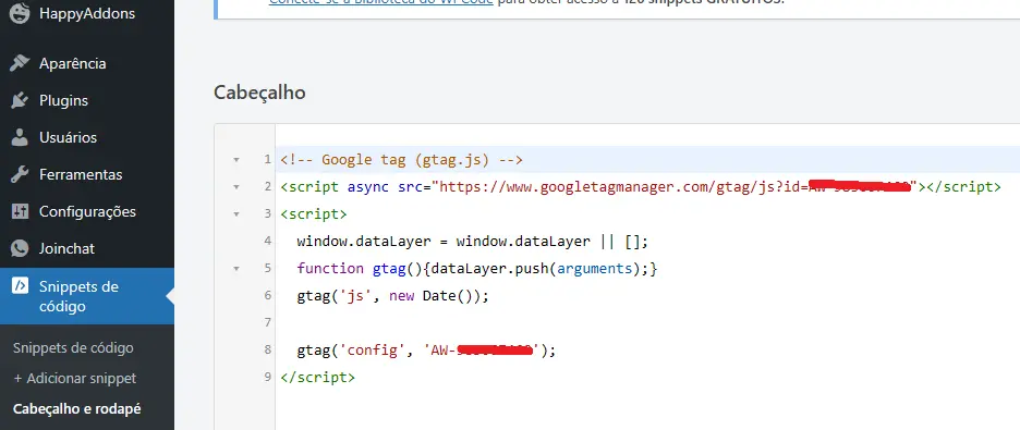 google ads criar meta conversão instalação da tag no head