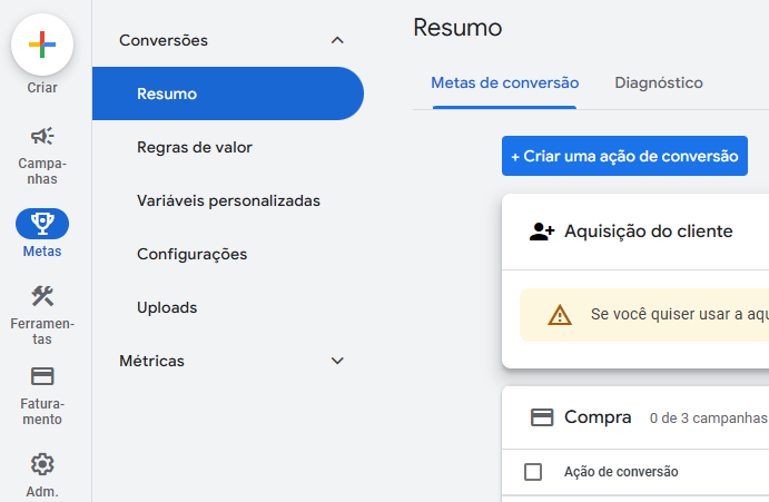 google ads criar meta de conversão