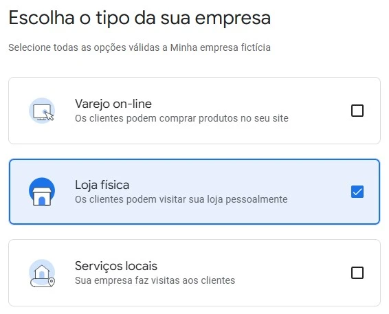 google meu negócio tipo de empresa