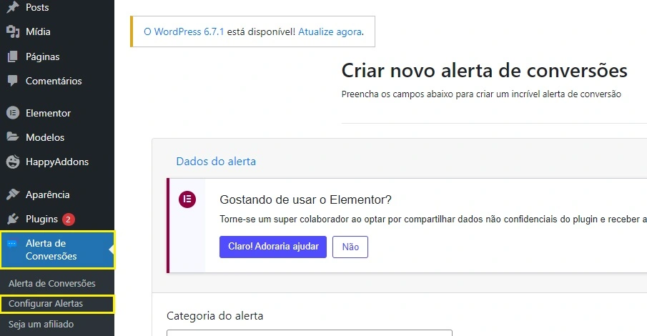 novo alerta de conversões